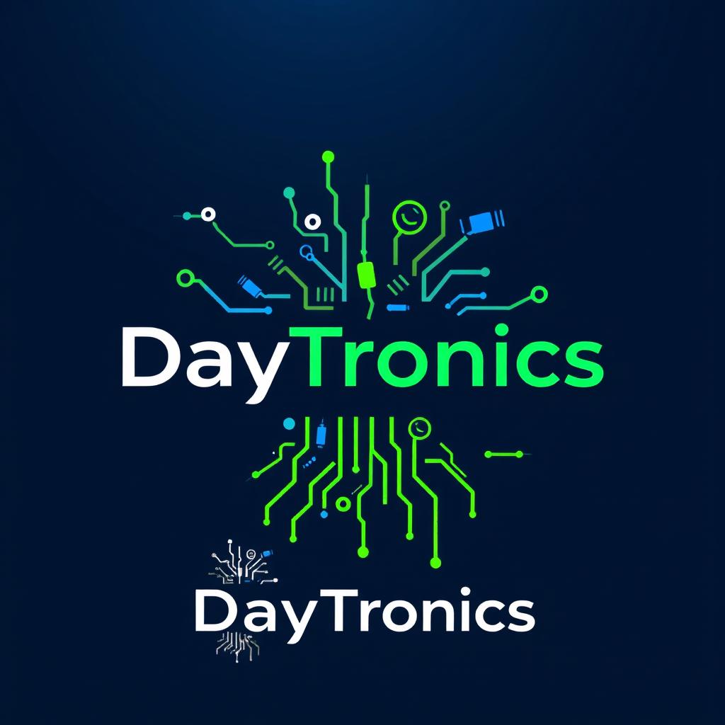 A logo design for 'DayTronics' featuring elements of electronic components such as resistors, capacitors, and circuit board traces integrated creatively