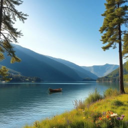 A serene landscape featuring a calm lake surrounded by lush green hills under a clear blue sky