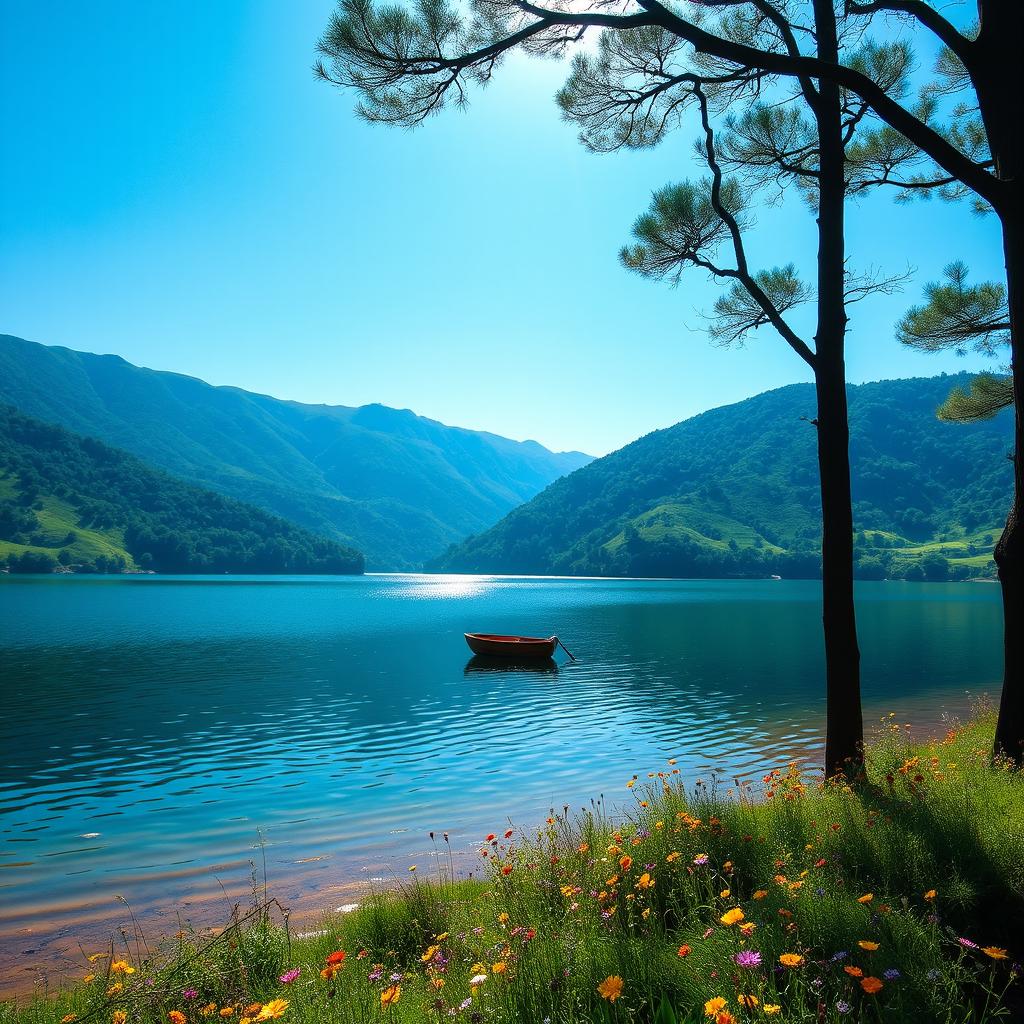 A serene landscape featuring a calm lake surrounded by lush green hills under a clear blue sky