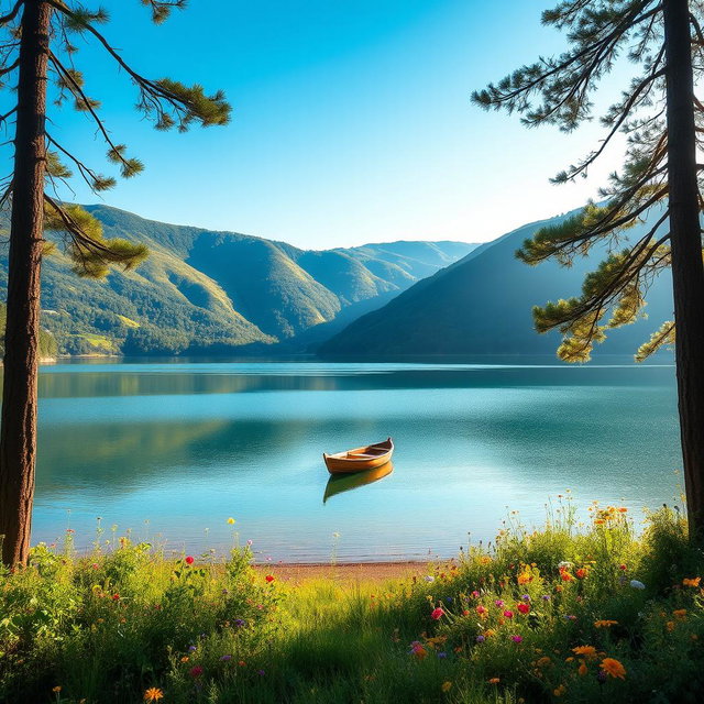 A serene landscape featuring a calm lake surrounded by lush green hills under a clear blue sky