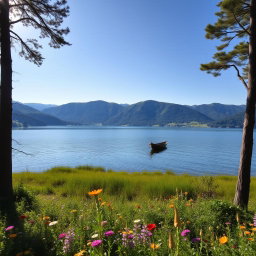 A serene landscape featuring a calm lake surrounded by lush green hills under a clear blue sky