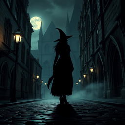 A stunning silhouette of a beautiful witch standing atop a cobblestone street in an ancient city, with looming gothic architecture, arched windows, and intricately carved stone details