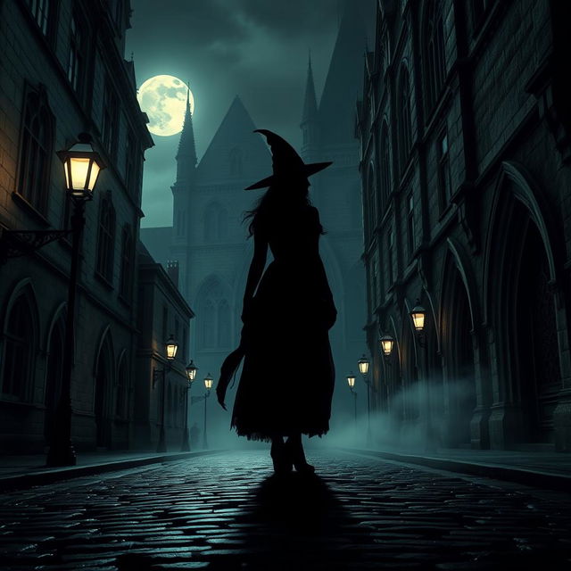 A stunning silhouette of a beautiful witch standing atop a cobblestone street in an ancient city, with looming gothic architecture, arched windows, and intricately carved stone details