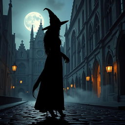 A stunning silhouette of a beautiful witch standing atop a cobblestone street in an ancient city, with looming gothic architecture, arched windows, and intricately carved stone details