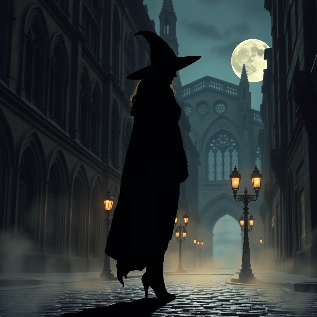 A stunning silhouette of a beautiful witch standing atop a cobblestone street in an ancient city, with looming gothic architecture, arched windows, and intricately carved stone details