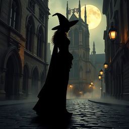A stunning silhouette of a beautiful witch standing atop a cobblestone street in an ancient city, with looming gothic architecture, arched windows, and intricately carved stone details