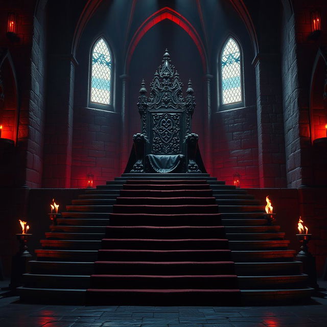 A majestic king's throne positioned on a grand platform atop a thirteen-step flight of stairs, located within a dark, gothic castle hall
