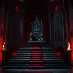 A majestic king's throne positioned on a grand platform atop a thirteen-step flight of stairs, located within a dark, gothic castle hall