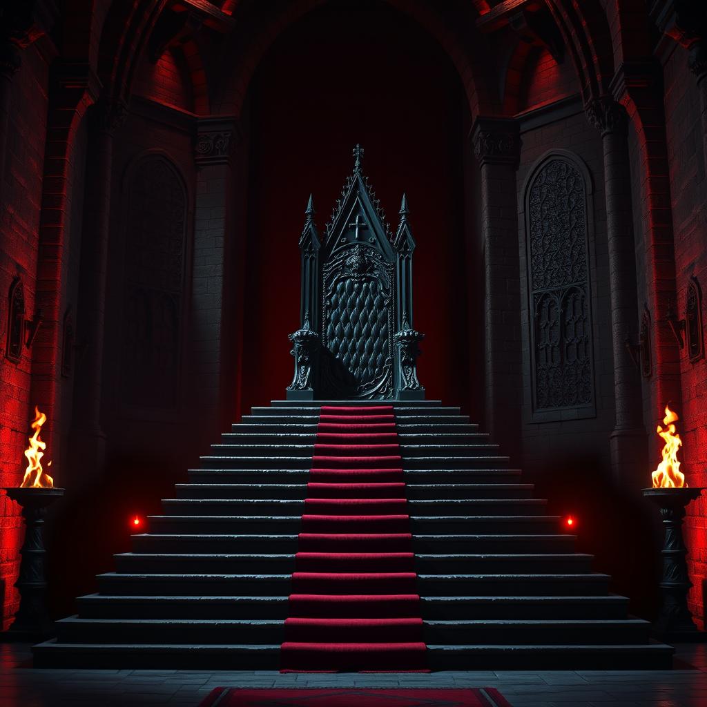 A majestic king's throne positioned on a grand platform atop a thirteen-step flight of stairs, located within a dark, gothic castle hall