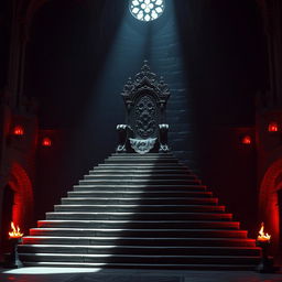 A majestic king's throne positioned on a grand platform atop a thirteen-step flight of stairs, located within a dark, gothic castle hall