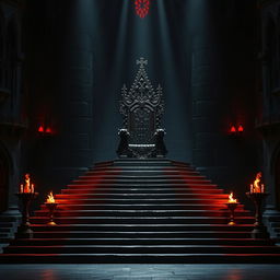 A majestic king's throne positioned on a grand platform atop a thirteen-step flight of stairs, located within a dark, gothic castle hall
