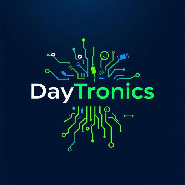 A logo design for 'DayTronics' featuring a creative combination of electronic components like circuit traces, resistors, and capacitors