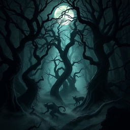 A dark, dense forest scene shrouded in mystery, featuring twisted trees with gnarled branches and thick underbrush