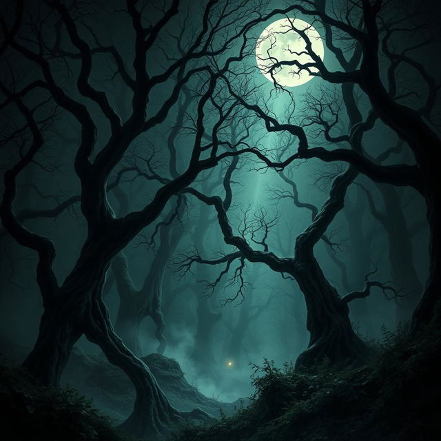 A dark, dense forest scene shrouded in mystery, featuring twisted trees with gnarled branches and thick underbrush