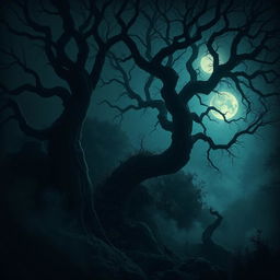 A dark, dense forest scene shrouded in mystery, featuring twisted trees with gnarled branches and thick underbrush