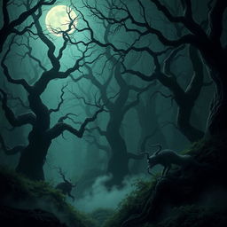 A dark, dense forest scene shrouded in mystery, featuring twisted trees with gnarled branches and thick underbrush