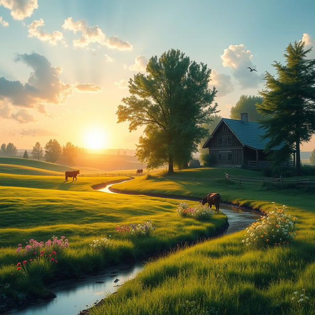 A serene rural landscape featuring rolling green hills, a peaceful meadow filled with colorful wildflowers, and a tranquil river winding through the scene