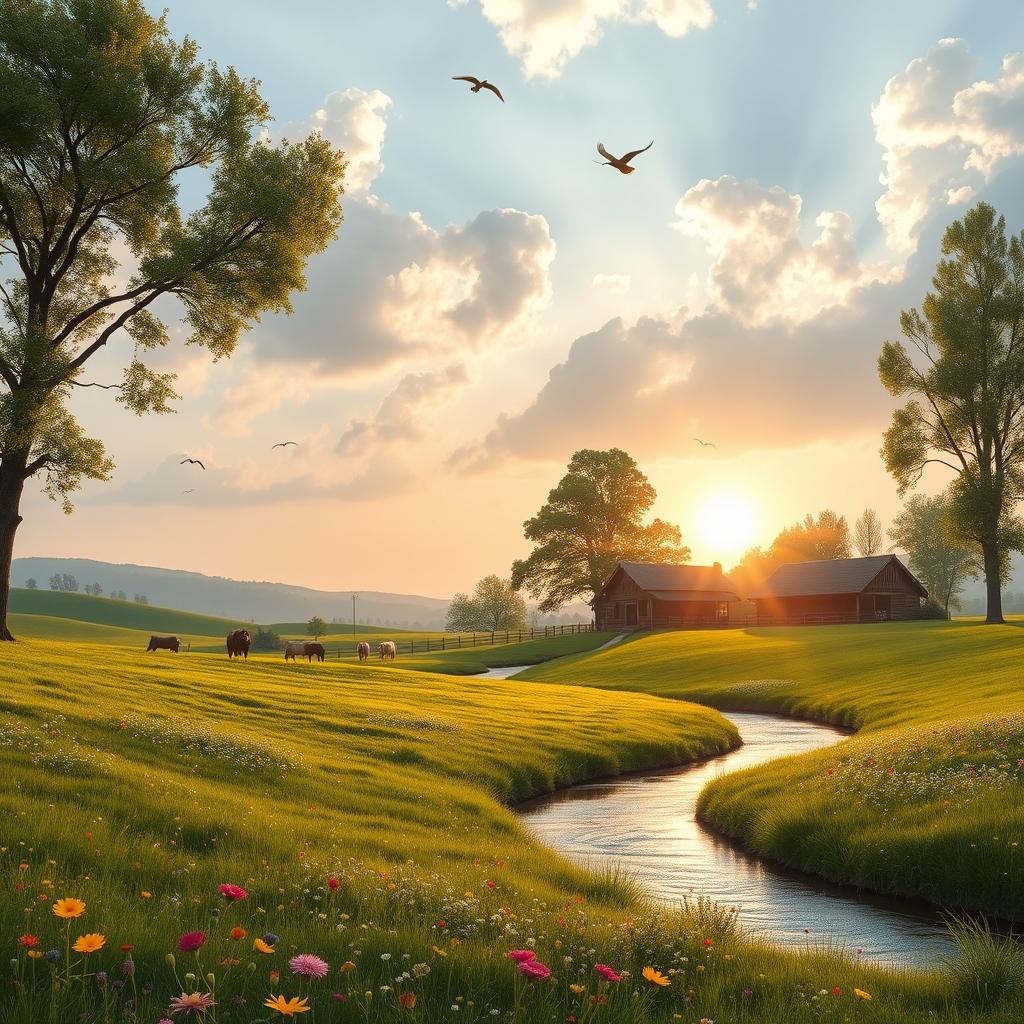 A serene rural landscape featuring rolling green hills, a peaceful meadow filled with colorful wildflowers, and a tranquil river winding through the scene