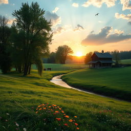 A serene rural landscape featuring rolling green hills, a peaceful meadow filled with colorful wildflowers, and a tranquil river winding through the scene