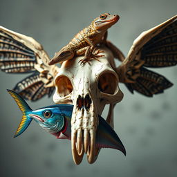 A fantastical, visually striking skull with four majestic wings, each wing uniquely designed with intricate patterns and textures