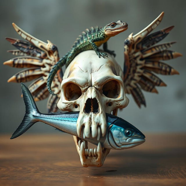 A fantastical, visually striking skull with four majestic wings, each wing uniquely designed with intricate patterns and textures