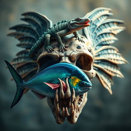 A fantastical, visually striking skull with four majestic wings, each wing uniquely designed with intricate patterns and textures