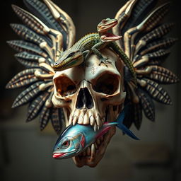 A fantastical, visually striking skull with four majestic wings, each wing uniquely designed with intricate patterns and textures