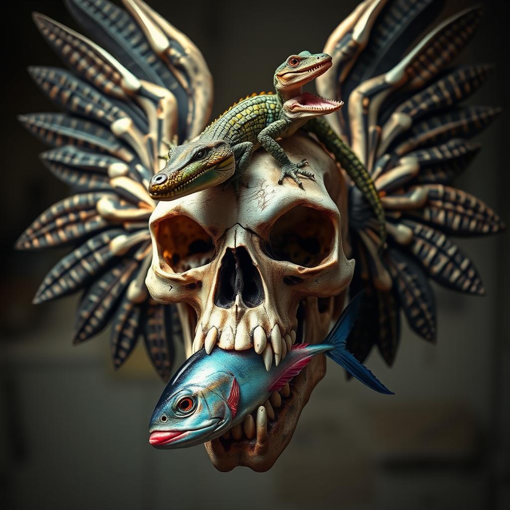 A fantastical, visually striking skull with four majestic wings, each wing uniquely designed with intricate patterns and textures