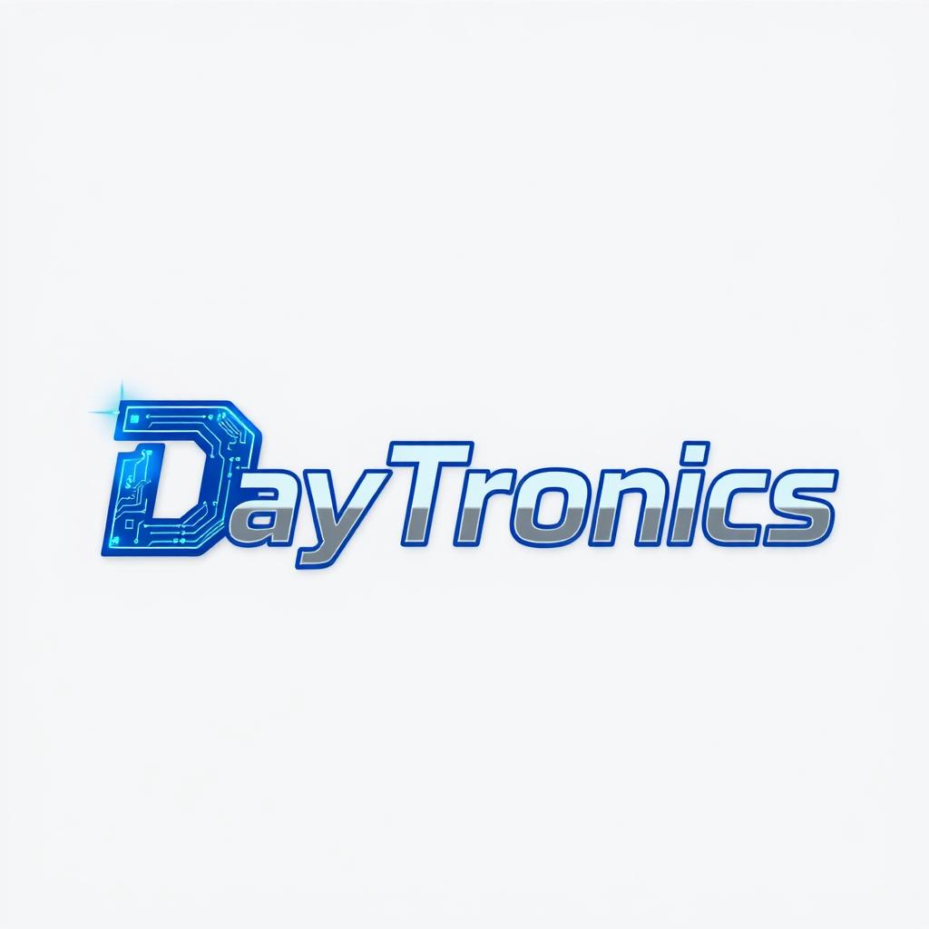 A logo design for 'DayTronics' characterized by an electronic theme, featuring stylized circuitry patterns integrated into the lettering