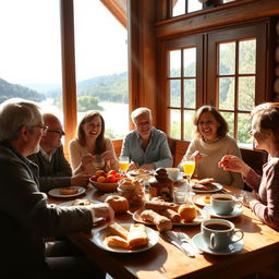 A warm and inviting breakfast scene with family members enjoying a meal together in a beautiful villa by the river