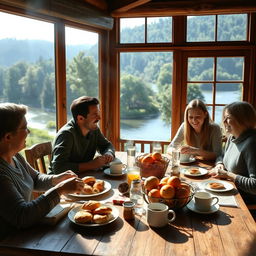 A warm and inviting breakfast scene with family members enjoying a meal together in a beautiful villa by the river