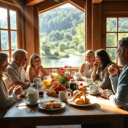 A warm and inviting breakfast scene with family members enjoying a meal together in a beautiful villa by the river