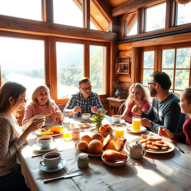 A warm and inviting breakfast scene with family members enjoying a meal together in a beautiful villa by the river