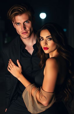 A dark romance scene featuring a handsome man dressed in a black shirt, black pants, and a stylish black jacket, exuding a mysterious and alluring aura