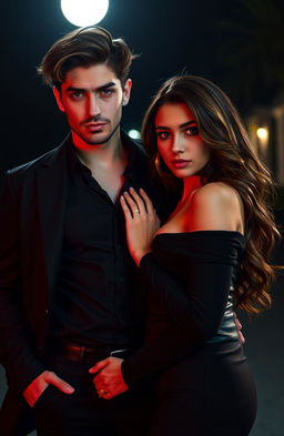 A dark romance scene featuring a handsome man dressed in a black shirt, black pants, and a stylish black jacket, exuding a mysterious and alluring aura