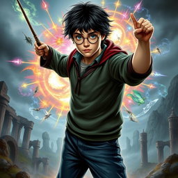 A powerful depiction of Harry Potter, standing confidently with his wand raised, surrounded by a swirling aura of magic