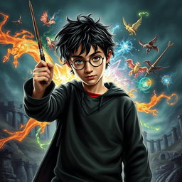 A powerful depiction of Harry Potter, standing confidently with his wand raised, surrounded by a swirling aura of magic