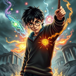 A powerful depiction of Harry Potter, standing confidently with his wand raised, surrounded by a swirling aura of magic
