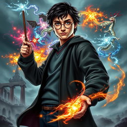 A powerful depiction of Harry Potter, standing confidently with his wand raised, surrounded by a swirling aura of magic