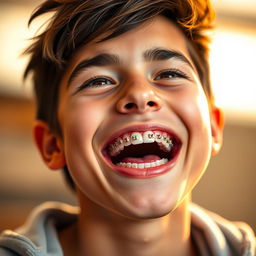 A close-up portrait of a young adult with a joyful smile, showcasing prominently enhanced teeth with colorful braces reflecting light