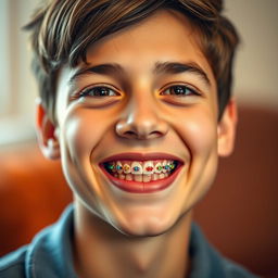 A close-up portrait of a young adult with a joyful smile, showcasing prominently enhanced teeth with colorful braces reflecting light