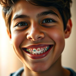 A close-up portrait of a young adult with a joyful smile, showcasing prominently enhanced teeth with colorful braces reflecting light