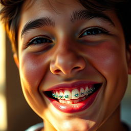 A close-up portrait of a young adult with a joyful smile, showcasing prominently enhanced teeth with colorful braces reflecting light