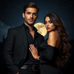 A captivating dark romance scene featuring a handsome man dressed in a sleek black shirt, tailored black pants, and a stylish black jacket, exuding an air of mystery