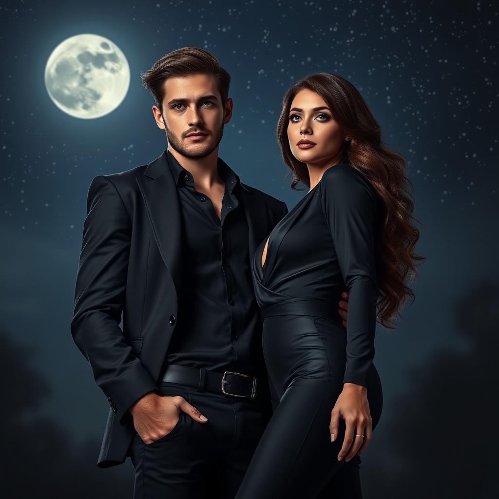 A captivating dark romance scene featuring a handsome man dressed in a sleek black shirt, tailored black pants, and a stylish black jacket, exuding an air of mystery