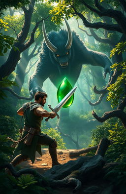 A heroic man engaged in an intense battle with a fearsome beast in a lush, dense forest