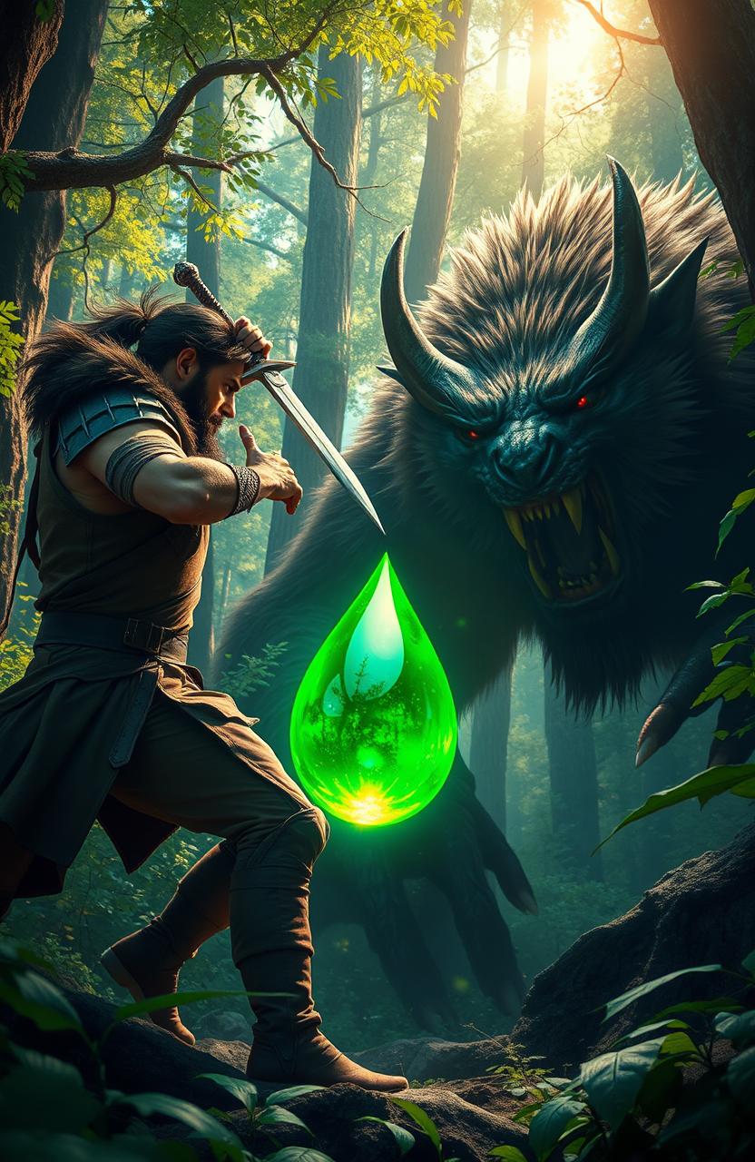 A heroic man engaged in an intense battle with a fearsome beast in a lush, dense forest