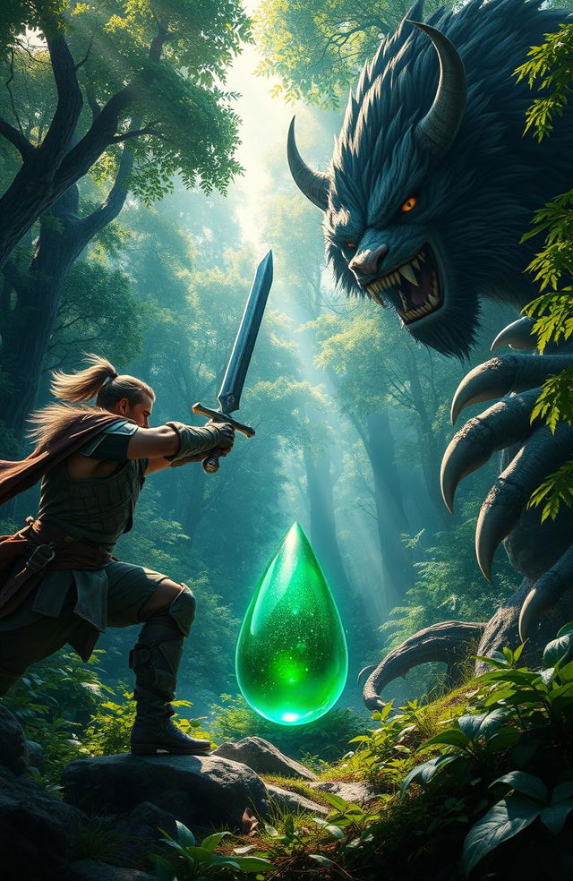 A heroic man engaged in an intense battle with a fearsome beast in a lush, dense forest