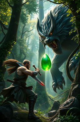 A heroic man engaged in an intense battle with a fearsome beast in a lush, dense forest