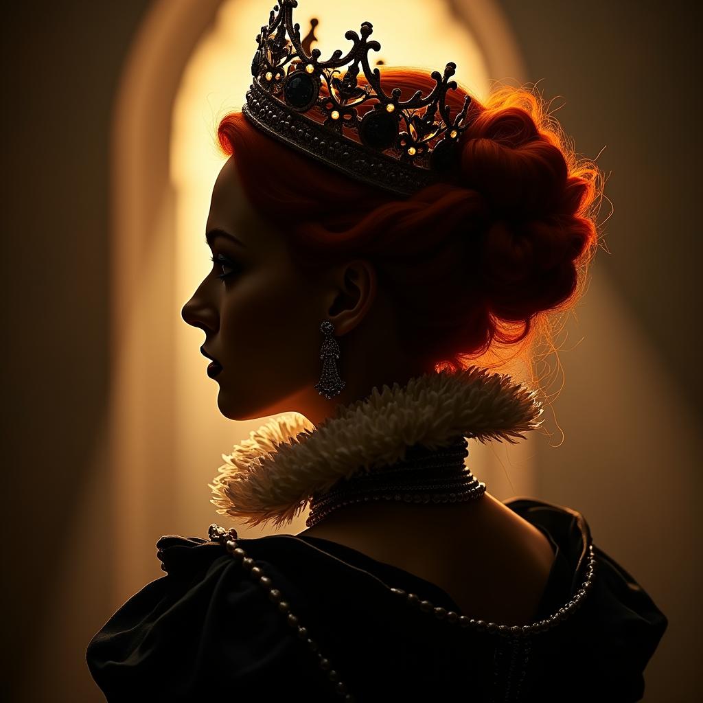 A silhouette of Queen Elizabeth I from the 16th century in a steampunk style, viewed from the back